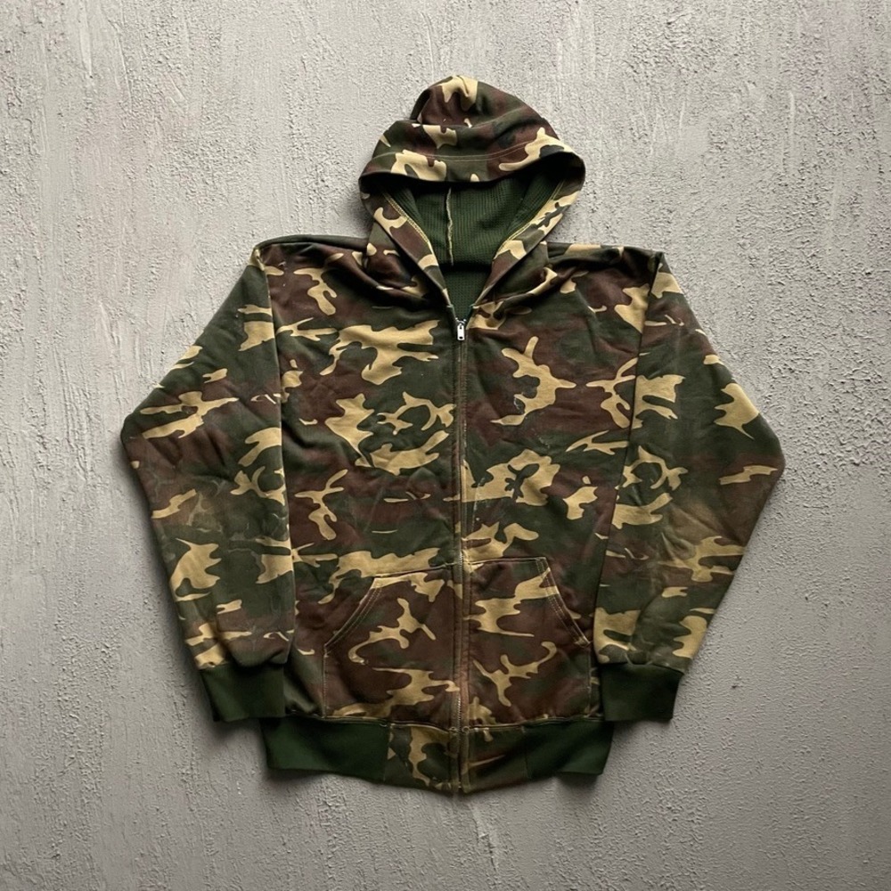 Vintage Camo Waffle Lined Full Zip Hoodie Men Large Green Brown 90s